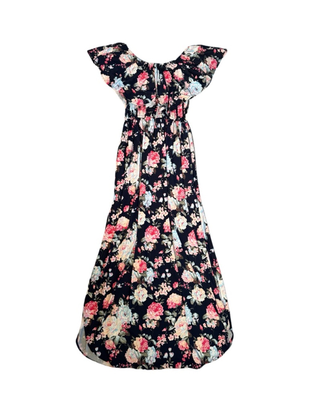 Floral Off-Shoulder Maxi Dress in Navy with Pink & Cream Blooms